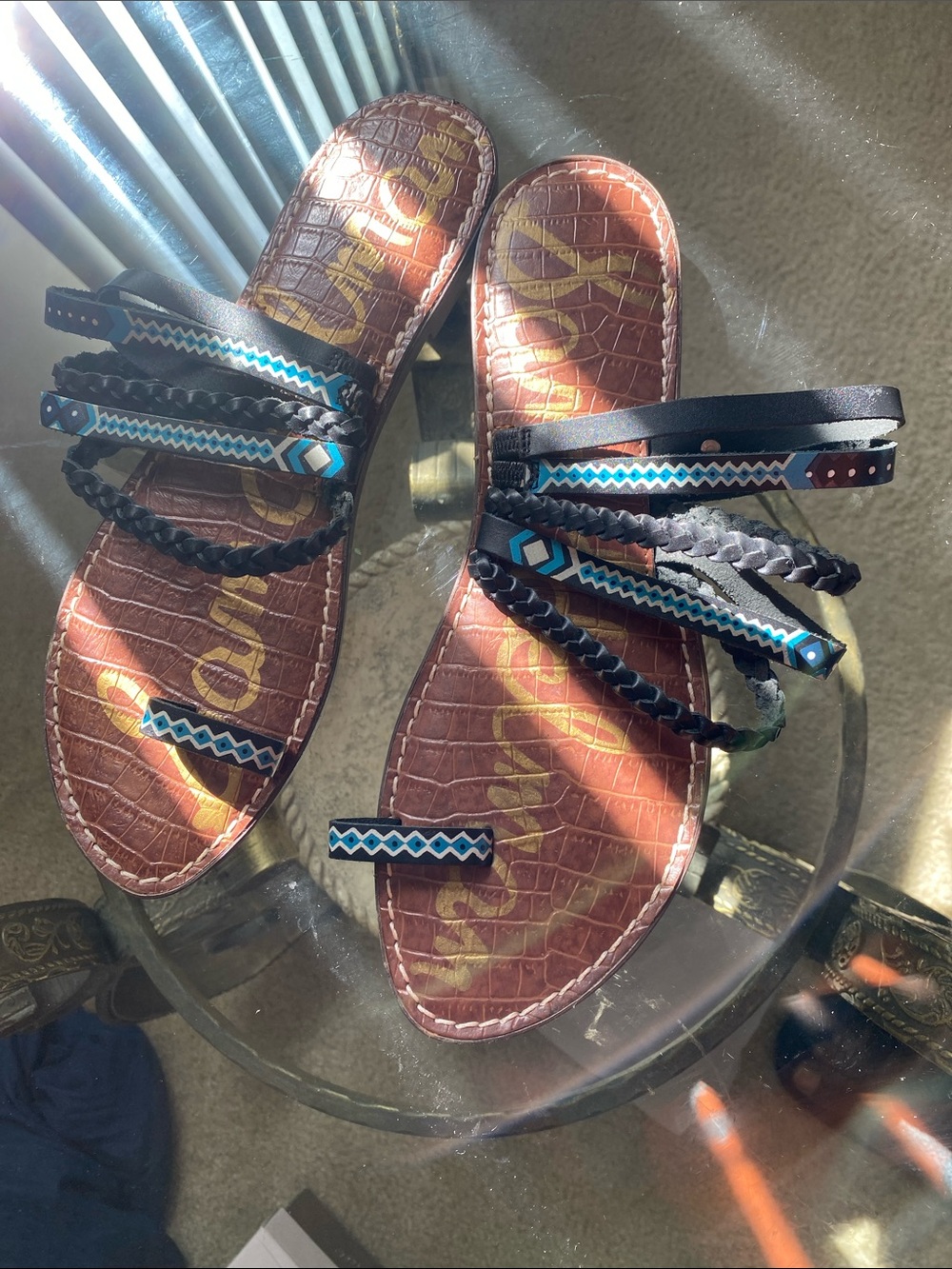 Sam Edelman Brown Slide Sandals with Blue Accent Straps